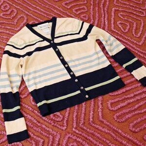 Vintage Y2K Laura Ashley striped thin wool cardigan sweater butter yellow navy